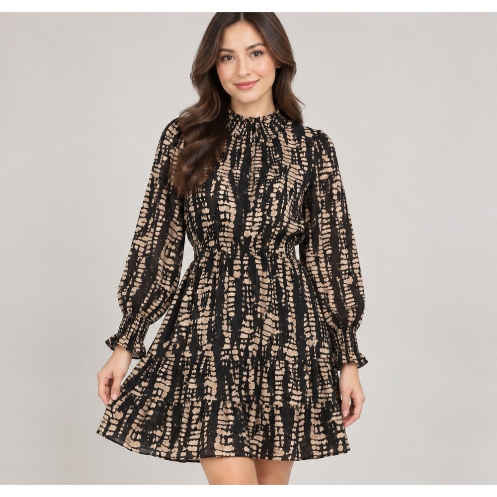 SHEIN Black Tan Abstract Print Mock Neck Long Sleeve Ruffle Mini Dress Small 4